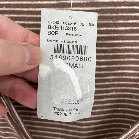 BKE Buckle V-Neck Knit Shirt Brown Cream Stripe Top Women's Size XS - Picture 7 of 14